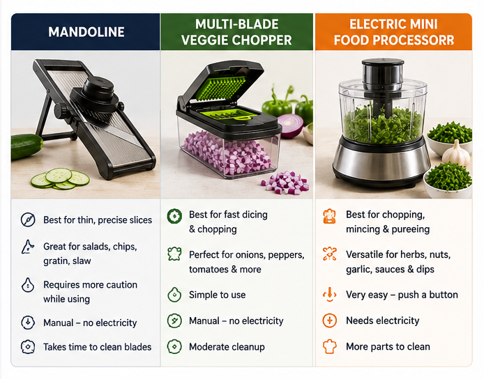 Mandoline slicer, multi-blade vegetable chopper, and electric mini food processor shown side by side on a kitchen counter.