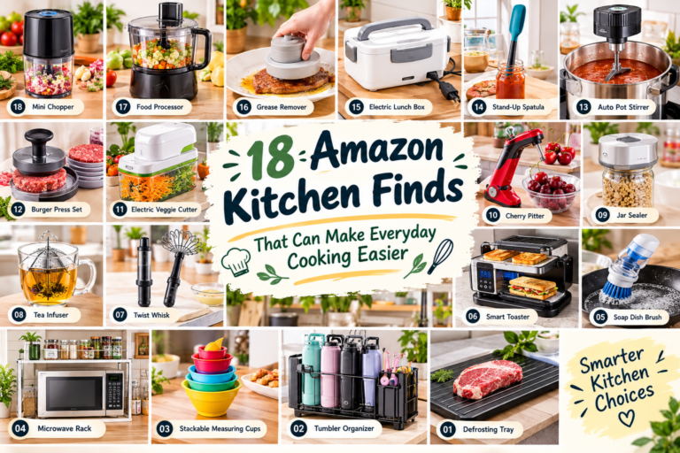 Amazon Kitchen Finds: 18 Clever Products for Your Kitchen Amazon kitchen finds featuring food choppers, storage racks, kitchen appliances, measuring cups, and cooking gadgets.